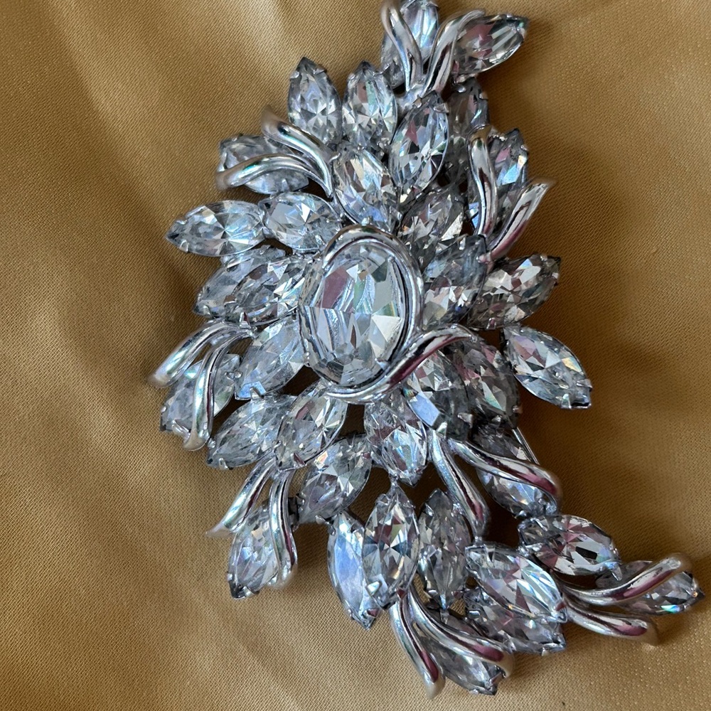 Albert Weiss Silver-Tone Clear Crystal Leaf Brooch